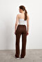 Women's Brown High Waist Ribbed Stitched Stretch Pants - 6