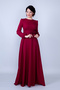 Burgundy Crew Neck Long Sleeve Woven Fabric Waist Shirred Belted Maxi Length Invitation & Evening Dress with Pockets - 7