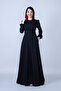 Black Crew Neck Long Sleeve Woven Fabric Waist Drawstring Belted Maxi Length Invitation & Evening Dress with Pockets - 5