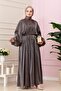 Balloon Sleeve Stoned Shimal Evening Dress-Brown - 2