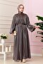 Balloon Sleeve Stoned Shimal Evening Dress-Brown - 3