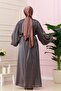 Balloon Sleeve Stoned Shimal Evening Dress-Brown - 5
