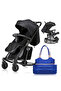 Teknum Stroller With Rocker w/ Blue Diaper tote Bag- Black