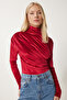Drawstring Collar Stylish Velvet Blouse Red Lff0019