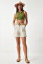 Straw Belted Linen Bermuda Shorts Cream Lmx0005 - 3