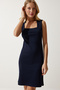 Square Collar Thick Strap Knitted Dress Navy Blue Low0004 - 2