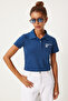 Polo Collar Printed Crop Knitted T-Shirt Dark Blue Lan0009
