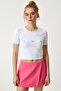 Bow Detailed Crop Knitted T-Shirt White Lmc0005 - 3