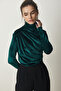 Chic Velvet Blouse with Gathered Collar Emerald Green Lff0019 - 2