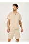 Solid Woven Short Sleeve Collared Shirt and Shorts Set - 2