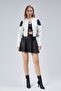 Women's Oversize Zippered Collar Snap Fastener Shoulder and Skirt White Patterned College Racer Jacket Biker Coat - 3