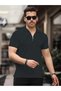 David Men's Zippered Polo Neck Cotton Fabric Dark Gray Short Sleeve T-Shirt - 3
