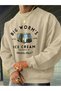 Men's Beige Big Worm's Printed Crew Neck Oversize Sweatshirt