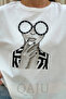 Women's Ecru Women's Pattern Crew Neck Oversize T-Shirt (T-Shirt) - 2