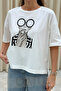 Women's Ecru Women's Pattern Crew Neck Oversize T-Shirt (T-Shirt) - 3