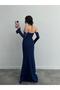 Navy Satin Sleeve Detail Evening Dress - 3