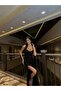 Women's Black Strapless Neckline Slit Detailed Draped Long Glitter Sequin Sequined Maxi Evening Dress - 3