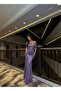 Women's Lilac Strapless Neckline Slit Detailed Draped Long Glitter Sequin Sequined Maxi Evening Dress - 5