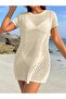 Crew Neck Openwork Pattern Short Sleeve Bikini Top Pareo-Beach Dress - 3
