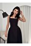 Black Pleated Long Dress with Thick Straps Bodice - 3