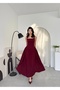 Burgundy Pleated Long Dress with Thick Straps Bodice - 6