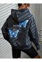 3 Yarns Beatiful Butterfly Design Thick Winter Sweatshirt - Black Printed Oversize Hoodie with Pockets - 4