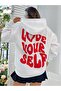 Love Yoursel Thick Winter Sweatshirt - White Printed Oversized Hoodie with Pockets - 2