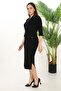 Collared Ribbed Zippered Pocketed Button Detailed Midi Dress 7094 - 2