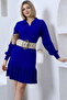 Cobalt Blue Polo Collar Frilly Knitwear Dress
