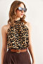 Women's Large Leopard Neck Buttoned Halter Neck Flowy Blouse Blz- 19002673 - 4