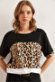 Women's Black and White Roba Leopard Decorated Knitted Viscose T-Shirt Tsh-19000835