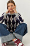 Women's Gray Navy Blue Crew Neck Argyle Patterned Sweater 241192 60261036