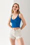 Women's Cobalt Blue Honeycomb Knitted Strap Stylish Comfortable V-Neck Ribbed Sleeveless Crop Top Bodysuit - 3