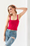 Pompom Patterned Strappy Crop Top, Body, Stylish Comfortable V-Neck Ribbed Sleeveless T-Shirt Crop, Strappy Crop, Top - 7