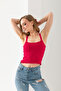 Pompom Patterned Strappy Crop Top, Body, Stylish Comfortable V-Neck Ribbed Sleeveless T-Shirt Crop, Strappy Crop, Top - 5