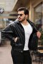 Black Oversize Relaxed Cut Waist Elastic Leather Jacket - 3