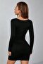 Square Neck Long Sleeve Lycra Black Mini Dress - 3