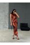 Women's Round Neck Short Sleeve Long Soft Satin Print Dress - 2
