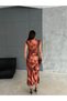 Women's Round Neck Short Sleeve Long Soft Satin Print Dress - 4