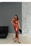 Women's Round Neck Short Sleeve Long Soft Satin Print Dress