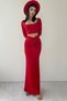 Women's Stretchy Sandy Fabric U-Neck Crop Blouse High Waist Gathered Detail Maxi Skirt Red Two-Piece Set 312 - 5