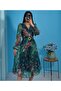 Women V-Neck Long Sleeve Patterned Chiffon Fabric Lined Waist Elastic Belt Midi Length Dress - 2