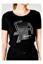 Women's Stretchy Cotton Fabric Round Neck Logo Short Sleeve Black T-Shirt - 4