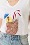 Women's White V-Neck Hawaiian Patterned Colorful Sequin Embroidered T-Shirt 60261433 - 5