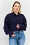Women Spread Collar Long Sleeve Plain Shirt, Navy Blue