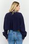 Women Spread Collar Long Sleeve Plain Shirt, Navy Blue - 3