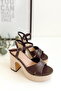 Linen Coated Platform Cross Strap Bitter Brown Open Toe High Thick Heeled Women's Shoes - 3