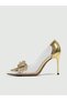 Lady Princess Gold Transparent Nude Bow Buckle Stoned 8 cm Thin Heeled Wedding Engagement Evening Dress Shoes - 3