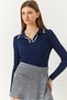 Women's Navy Blue Gray Polo Collar Ribbed Stripe Detailed Seasonal Long Sleeve Knitwear Blouse 60261446 - 2