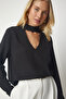 Black Crepe Blouse - Window Detail and Low-Cut Lub0080